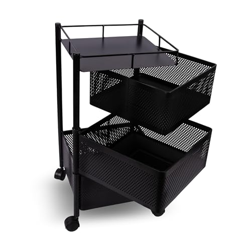 Image of KITCHIVO Kitchen Storage Rack | Revolving Vegetable Rack | Square Multipurpose Storage Trolley with Wheels | Metal Fruit Rack (Black, 3 Layer)