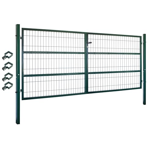 V2Aox Gartentor Tor Gartenzaun Zaun 300x140 cm Doppelflügelig Gartentür aus Metall für Stabmattenzaun Abschließbar inkl. Pfosten Grün
