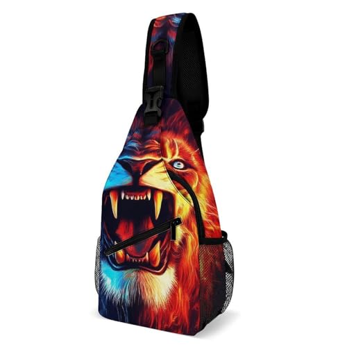 Men's Fashion Chest Bag, Travel Shoulder Pack, Small Cross Body Sling Bag Cool Lion Blue Red Fire Art