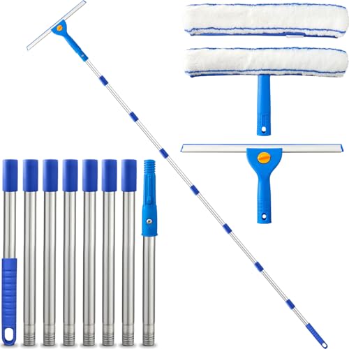 ARTIPOLY Window Cleaning Equipment with 3m Extendable Handle, 8-Section Long Pole Glass Cleaner with Silicone Squeegee & Microfiber Scrubber for Windows, Shower Glass, Mirrors, Doors & Car