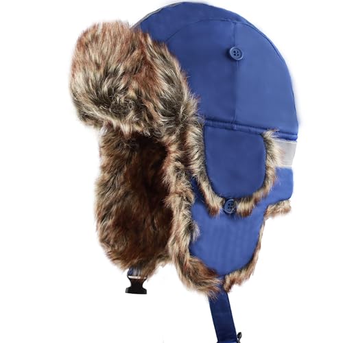 Image of Faux Fur Safety Reflective Aviator Trapper Hat Snow Ski Trooper Winter Cap
