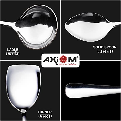 AXIOM Stainless Steel Serving Tools 5 Piece Heavy Gauge Non-Stick Set of 2 Soup Ladle (Karchi), 2 Solid Spoon (Chamcha) and 1 Rice Spoon for Serving Soup/Curry/dal/Rice/Pasta