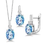 Gem Stone King 925 Sterling Silver Millennium Blue Mystic Quartz and White Topaz Pendant and Earrings Jewelry Set for Women | 6.98 Cttw | Oval 9X7MM | With 18 Inch Chain