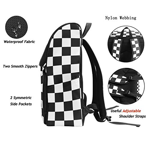 Naanle Chic Black and White Racing Flag and Checkered Pattern Casual Daypack College Students Multipurpose Backpack Large Travel Hiking Computer Bag for Boys Girls4