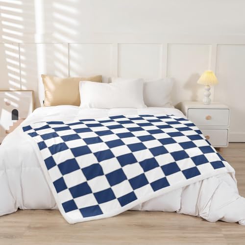 Image of Erosebridal White Blue Plaid Throw Blanket Throw 50 inchX60 inch Navy Blue Checkerboard Fleece Bed Blanket for Kids Boys Teen,Checkered Grid Sherpa Blanket Modern Aesthetic Geometric Fuzzy Blanket