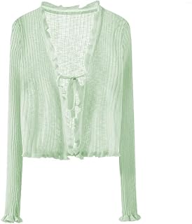 [Hanmall] サマーニット レディース カーディガン 涼しい 夏 透かし編み ショート丈 Vネック 長袖 前結び シースルー 肩掛け 羽織り 薄手 ショール 冷房対策 紫外線対策 日焼け止め服