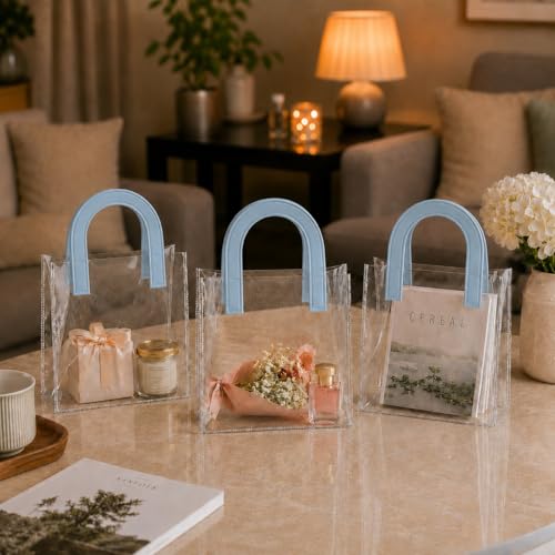 Image of SATYAM KRAFT 6 Pcs Transparent Reusable Leather Goodie Bags | Elegant Gift Bags for Her /Him Wedding Return Favors, Engagement Hampers, Marriage, Birthday & Festival Gifting | Handle Hamper Shopping Carry Bags (U-shaped Blue - Small)