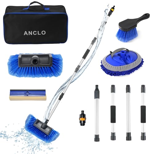 ANCLO 64 Car Wash Brush with Long Handle RV Flow-Through Wash Brush with Adjustable Handle Anti-Scratch Plus Size Soft Car Wash Brush Mop with Hose Attachment Car Wash Kit for SUV RV Truck Boat