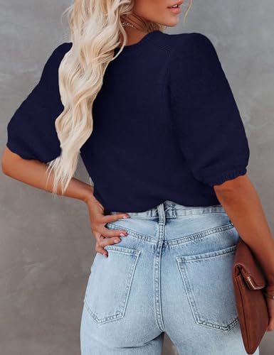 Image of Womens Short Sleeve Sweaters Crewneck Knit Pullover Tops 2025 Summer Casual Lightweight Crochet Blouse Shirt