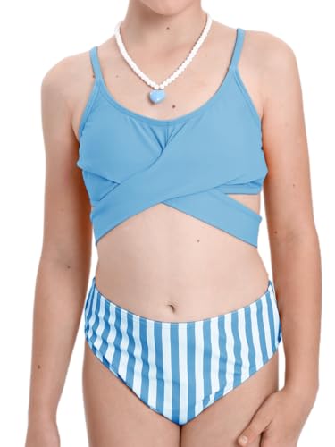Image of Girls Swimsuits Bikini Set Two Piece Tankini Bathing Suit Criss Cross Girls' Swimwear with Chest Pad 13-14 Years Dark Blue