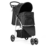 DUMOS 3 Wheels Pet Stroller for Small Dogs and Cats – Foldable Dog Stroller with Mesh Windows, Storage Basket & Cup Holder, Lightweight & Durable Pet Carrier for Travel, Outdoor Use – Black