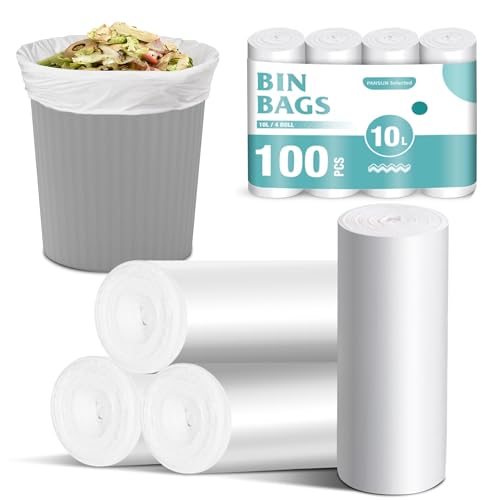 PANSUN Selected 100 Counts Small Bin Bags 10L Pedal Trash Can Bin Liners for Bathroom kitchen Unscented White Garbage Bags