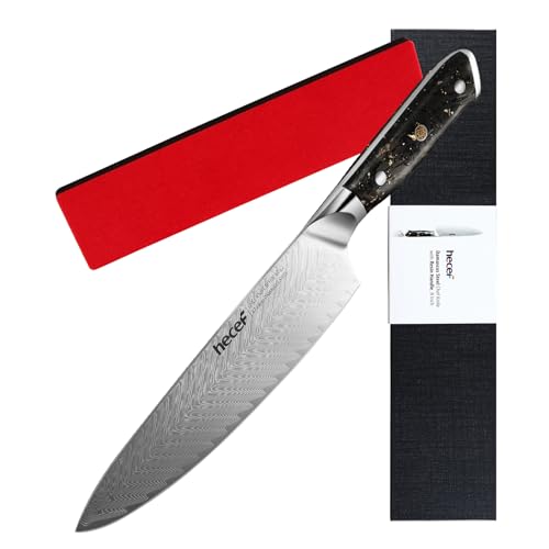 hecef 8 Inch Japanese Chef Knife, Black – Premium Damascus Steel, Ergonomic Resin Handle | Ultra-Sharp, Durable & Rust-Resistant, Effortless Slicing for Meat, Veg & Bread, Ideal for Home Cooking