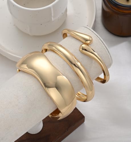 Image of Chunky Gold Bangle Bracelets for Women, Dainty 14k Gold Plated Big Stackable Bangles Set, Trendy Statement Cuff Bracelet Stack Fashion Jewelry Gifts