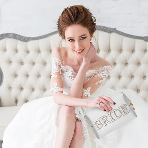Bride Patch Cosmetic Bag - Wedding Toiletry Makeup Bag Bridal Engagement Shower Gift Pearl Rhinestone Letter Patch Bride Bridesmaid Travel Portable PU Leather Large Makeup Pouch4