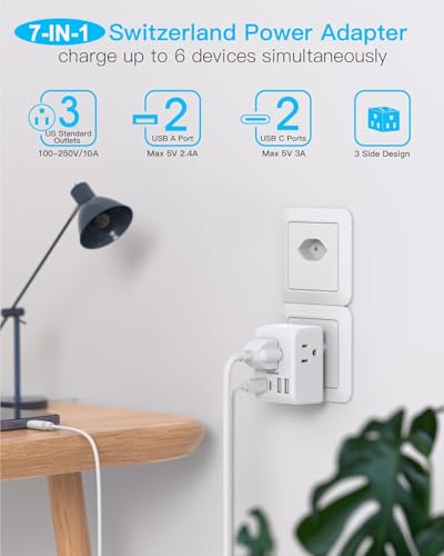 Image of 2 Pack Switzerland Travel Plug Adapter, Type J Power Adaptor with 3 Outlets 4 USB Charging Ports(2 USB C), Swiss Outlet Adapter Travel Plug for US to Switzerland, Liechtenstein, Rwanda
