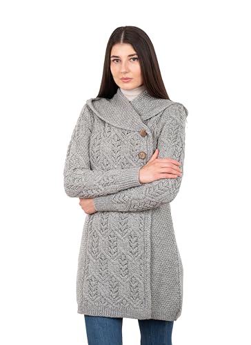 SAOL 100% Merino Wool Women Cardigan Butonned with Hood Aran Leaf Coat Made in Ireland3