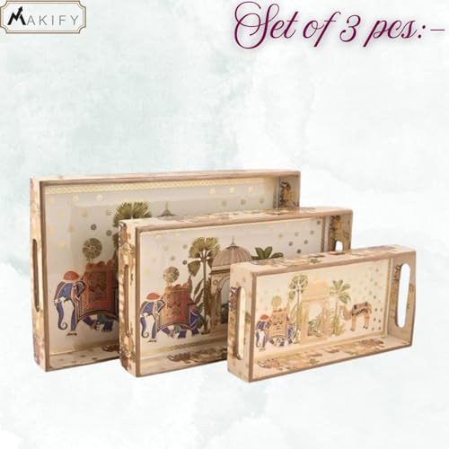 Image of Wooden Serving Tray with Gold Engraving | Set of 3 | Size: 16x10 Inch, 14x08 Inch, 12x06 Inch | Enamel Coated Waterproof | Tray for Decoration | Premium| Royal Camel and Elephant.