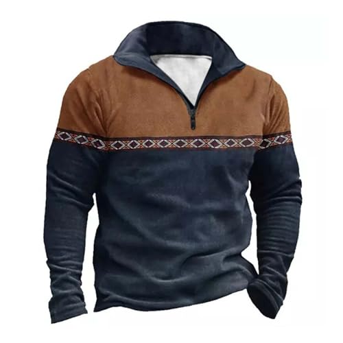 Sweatshirts for Men UK Sale Clearanc Men's Long Sleeve Tops 1/4 Zip Pullover Vintage Ethnic Style Sweatshirt Loose Fit Turn-Down Collar Top Comfy Long Sleeve Sweater Navy