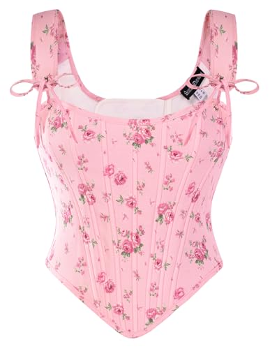 SCARLET DARKNESS Womens Corset Top Renaissance Lace-up Floral Corsets Vintage Cottagecore Overbust Vest Bustier Pink 18