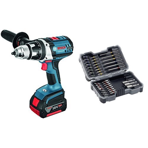 Bosch GSR 18 VE-2-LI - Taladro (Ión de litio, 18 V, 4 Ah, 2.4 kg, Negro, Azul) + Pack de 43 puntas de atornillar y llaves de vaso, tipo PH/PZ/SL/H/T/TH