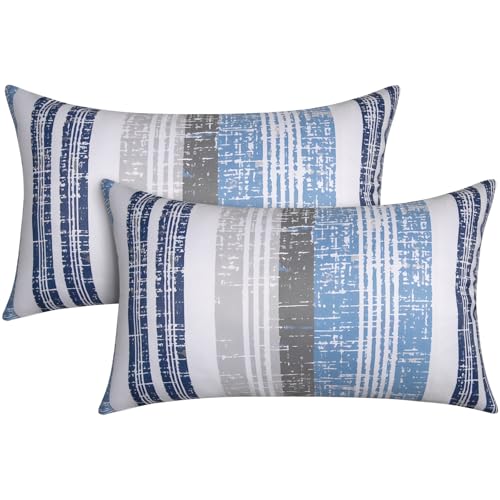 CASAJOY Pack of 2 12x20 Outdoor Pillows, Waterproof Throw Pillows with Inserts, Decorative Lumbar Pillows for Patio, Garden, Couch, Furniture, Sofa, Bed, Living Room(Stripe Blue White)