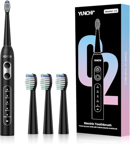 YUNCHI C2 - Cepillos de dientes eléctricos para adultos con 4 cabezales de cepillo, cepillo de dientes sónico recargable con 5 modos, color negro