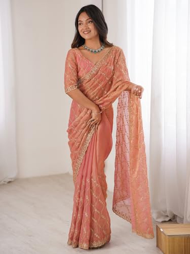Image of AKHILAM Women's Shimmer Chiffon Heavy Sequence Embroidery Work Saree With Unstitched Blouse Piece (VT798A VM Parent)