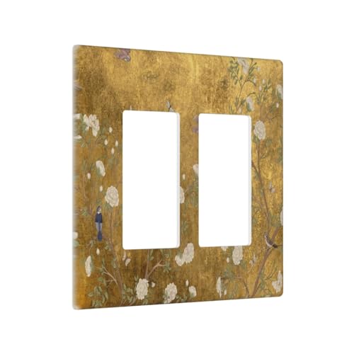 Decorative Outlet Covers Vintage White Flowers Birds on Golden Background 2 Gang Light Switch Cover Plate Double Rocker Wall Plate Switch Plate Covers Faceplate for Home Decor
