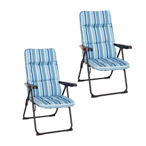 LOLAhome Set de 2 Sillones de Jardín Acolchado y Reclinable 4 Posiciones Azul. Estructura de Tubo de Acero anticorrosión y Lona a Rayas. Colchón de 5 cm de Grosor, Plegable. 61x58x106 cm