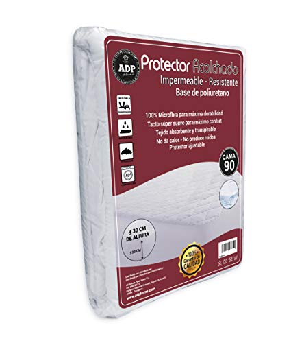 ADP Home   Protector de Colchón Acolchado Impermeable y Resistente con Base de Poliuretano, 100% Microfibra de Tacto Pluma Extra Suave y Transpirable   Medidas Completas (Cama de 90)