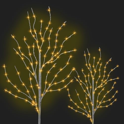 BeHiller Christmas Decorations Outdoor,2PACKS 3FT 140LED Birch Tree with Christmas Lights,Indoor&Outdoor Use,8Modes,Solar Birch Tree Lights for Christmas/Halloween/Easter/Home/Porch/Wedding Decor