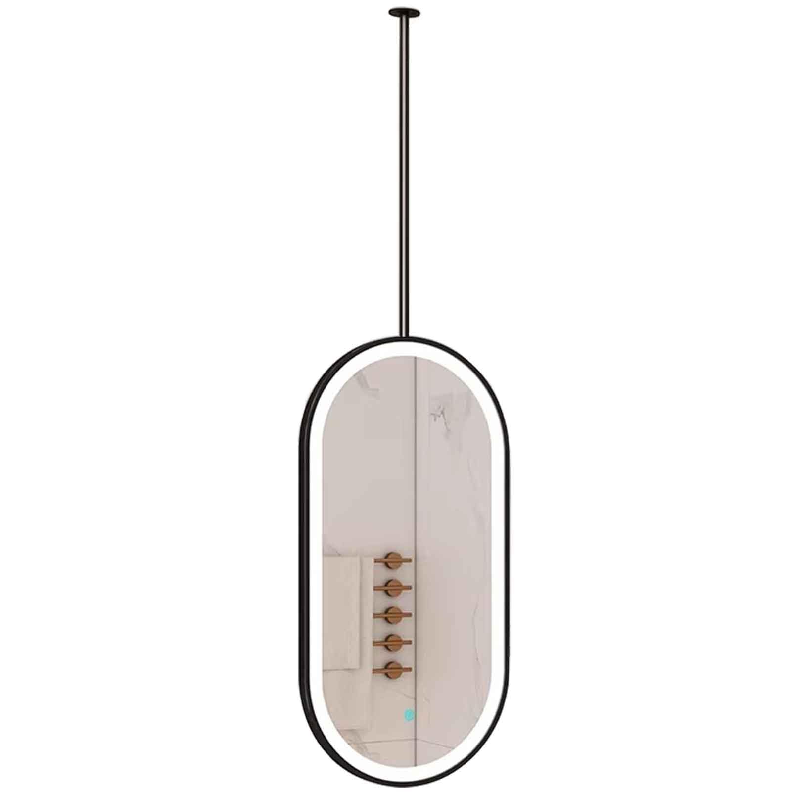 FGXHHS Oval Suspended Lighted Mirror Ceiling Mounted Black Metal Framed LED Hanging for Bathroom Vanity - 3 Colors Dimmable Light(50cmx80cm)