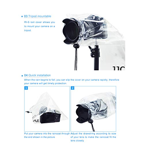 Ficha técnica JJC 4 protectores de lluvia para cámaras Canon Nikon Sony con lente y flash de hasta 28 x 17 cm transparente para lluvia funda para lluvia - Fernando Cortés