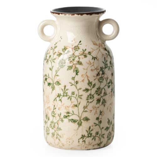 Image of Ceramic Flower Vase | Green Rustic Farmhouse Vase with Handles for Home Decor, Vintage Floral Tuscan Vase for Living Room & Kitchen, Mantel & Bookshelf, Centerpieces, Entryway, Wedding(9.1 Inch)