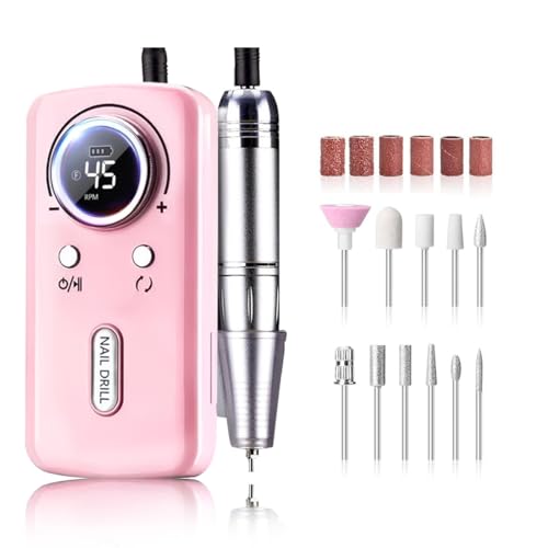 OLYSPM Torno para Uñas Profesional 45000 RPM, Torno Uñas Taladro Eléctrico Recargable con Pantalla LED, 10H Duración, Bajo Ruido,12 Puntas,para Uñas Acrílicas/Gel/Semipermanente