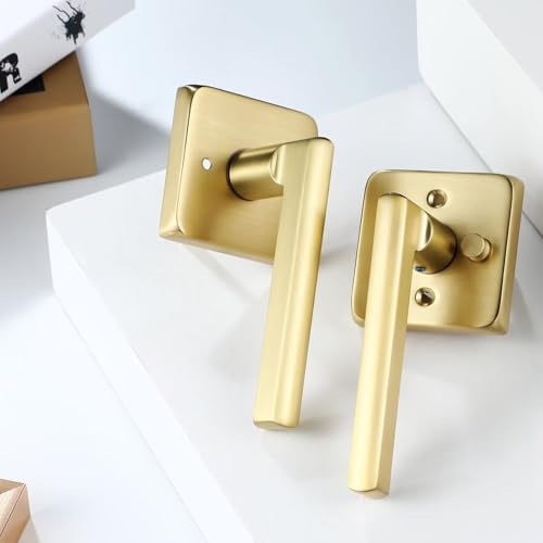 Linkaa Brushed Brass Keyless Door Lock with Handle,Gold Lever Door Handle for Bedroom Bathroom,Front Door Lock Set，Latch Included (Privacy,Push Button Lock,3 Pack) by Linkaa - Used condition - Image 2