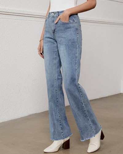 Image of GRAPENT Straight Leg Jeans for Women High Waisted Stretchy Frayed Raw Hem Loose Denim Pants Casual Baggy Jean Trousers