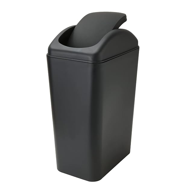 Small Lidded Trash Can 12 Liter 3 Gallon Black Plastic Garbage Bin with Lid for Office Bedroom Bathroom
