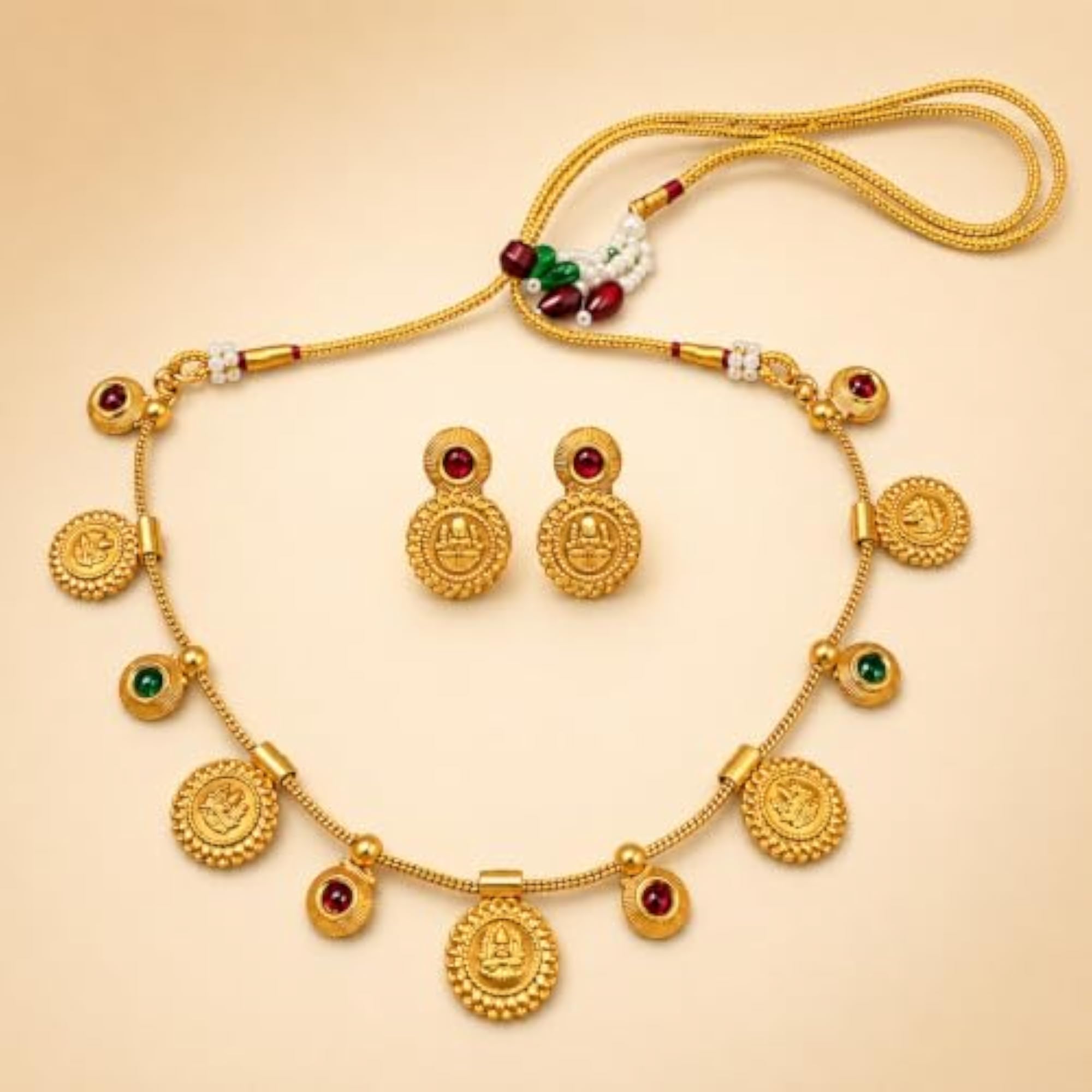 Women's Gold Brass & Copper Temple Coin Necklace Set with Lakshmi Pendant