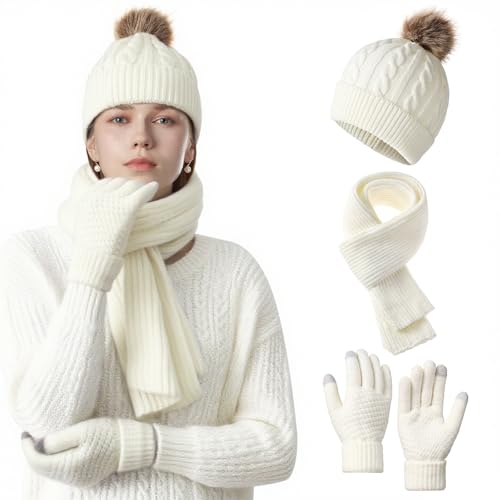 NHTJTHE Ensemble de bonnet et écharpe pour femme, gants antidérapants et tactiles, écharpe chaude et douillette, ensemble d'hiver 3 en 1, chapeau, écharpe, gants...
