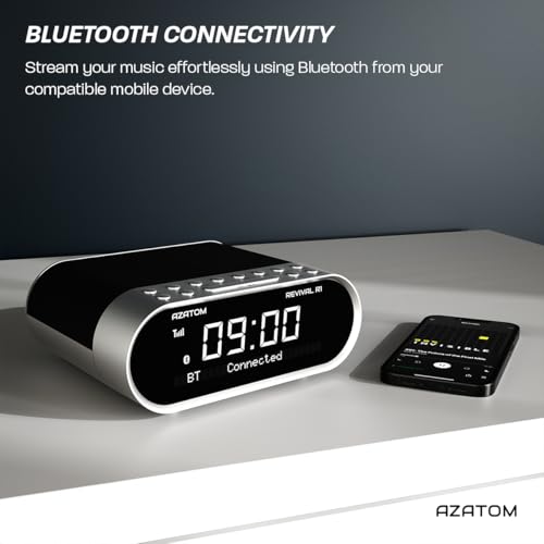 AZATOM DAB/DAB+ & FM Bedside Digital Radio | Dual Alarms & Sleep Timer | USB Device Charging | Mains Powered | Bluetooth | Perfect for the Bedroom Revival R1 (Silver)