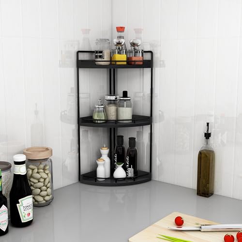 Image of Dorhors 3-Tier Corner Bathroom Organizer Countertop for Storage,Vanity Tray,Wood Counter Organizer for Kitchen,Bathroom,Dresser (Black)