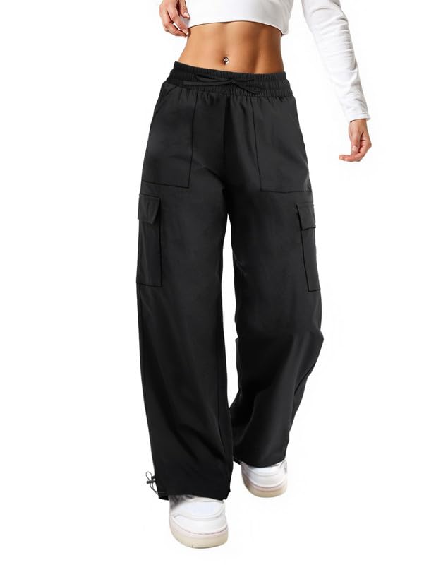 keriffe Baggy Cargo Pants Women Parachute Hiking Wide Leg Pants with 4 Pockets Y2K Clothes Casual Travel Black