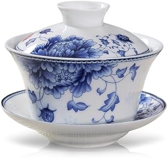 fanquare Gaiwan Chinese Cover Bowl 7.44oz Rich Noble Peony Style Porcelain Gongfu Tea Cup with Saucer and Lid Blue and White Tea Service for Home Décor