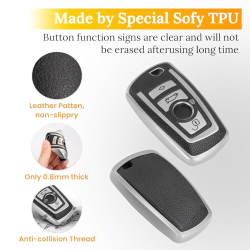 Image of Key Fob Cover for BMW, Leather-Style Keychain Tab Cover, Silver