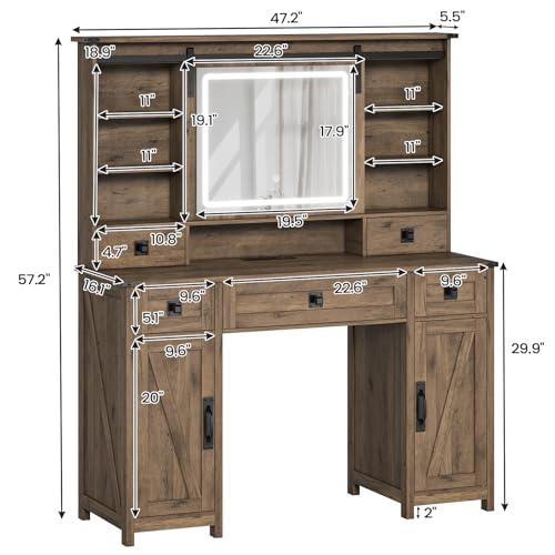 Image of AOGLLATI Farmhouse Makeup Vanity Desk with Lights & Charging Station,Vanity Desk with Mirror and Lights, 47.2 inch Large Brown Vanity Table with Ample Storage Space and Sliding Mirror (Oak Brown)