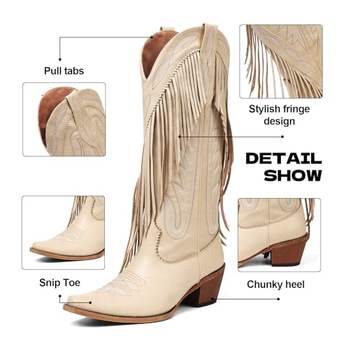 Image of Cowgirl Boots Women Retro Block Chunky Suede Fringe Cowboy Boots
