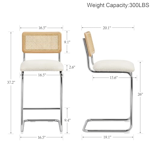 Image of ONEVOG Rattan Counter Height Bar Stools Set of 2, 26 inch Boucle Barstools with Natural Solid Wood Cane Back & Matte Black Metal Legs, Upholstered Counter Kitchen Island Chairs, Cantilevered Design, White