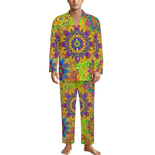 Mens Pajamas Set, Long Sleeve Loungewear with Long Pants, Button Down Sleepwear Comfy Pjs